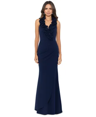 Xscape Petite Ruffled V-Neck Ruched Sleeveless Gown