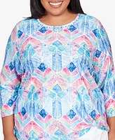 Alfred Dunner Plus Size Classic Denim Stained Glass Grommet Hem Top