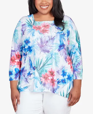 Alfred Dunner Plus Classic Brights Tropical Birds Lace Paneled Top