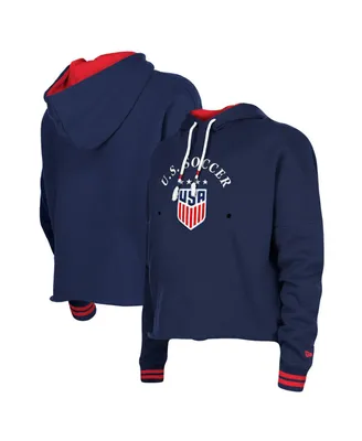 Women's 5th & Ocean by New Era Navy Uswnt Athleisure Cropped Fleece Pullover Hoodie