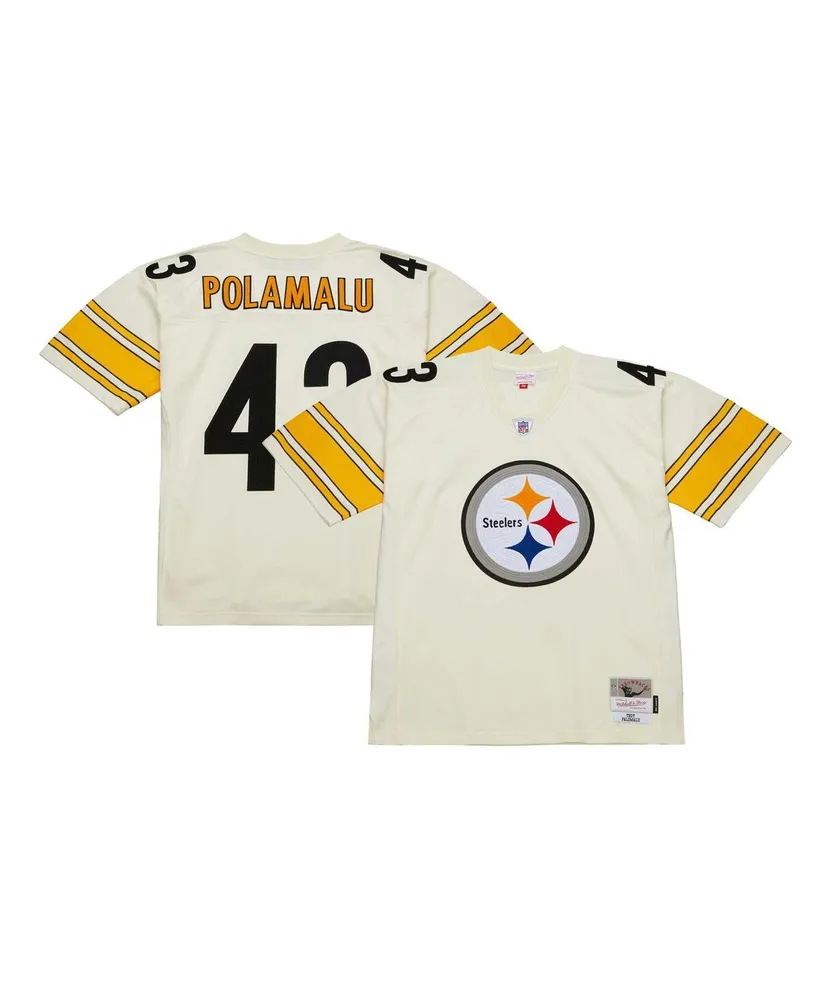 Men's Mitchell & Ness Troy Polamalu Cream Pittsburgh Steelers Chainstitch Legacy Jersey