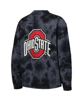 Women's The Wild Collective Black Ohio State Buckeyes Jeweled Tie-Dye Button-Up V-Neck Sweater