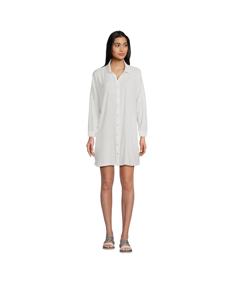 Lands' End Women's Sheer Rayon Oversized Button Front Swim Cover-up Shirt