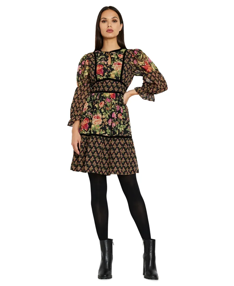 Tahari Asl Women's Mixed-Print Velvet-Trim 3/4-Sleeve Dress