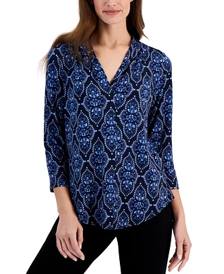 Jm Collection Women's Printed 3/4 Sleeve V-Neck Knit Top, Created for Macy's