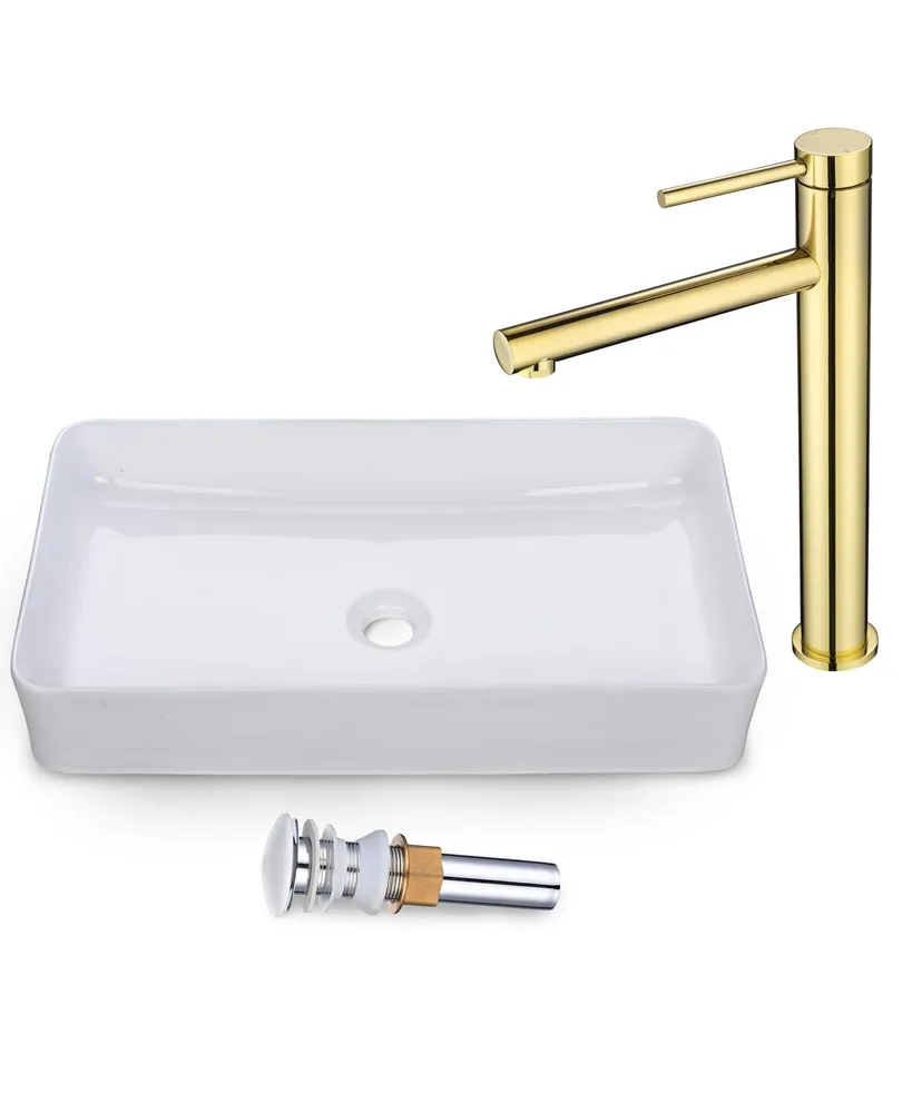 Rectangle Bathroom Countertop Vessel Sink & Gold Mixer Faucet Set w/Pop Up Drain