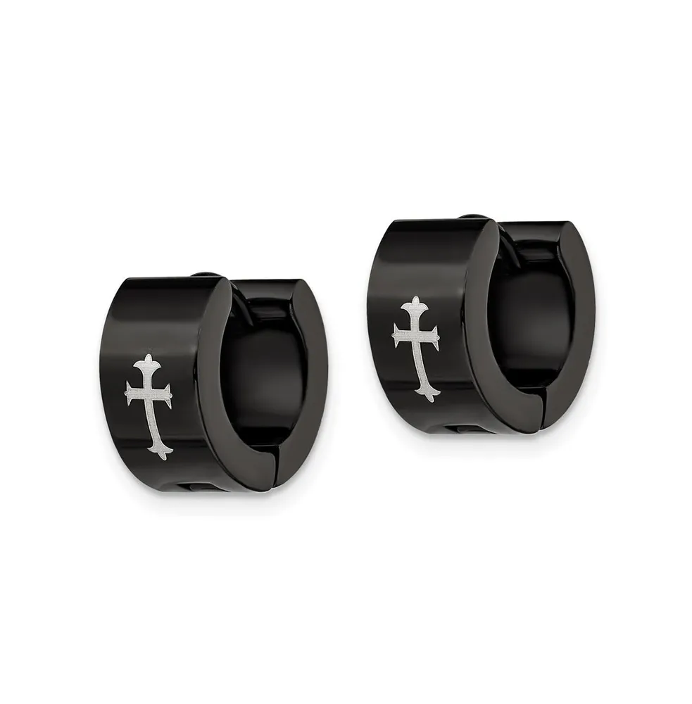 Chisel Stainless Steel Black Ip-plated Hinged Hoop Cross Earrings