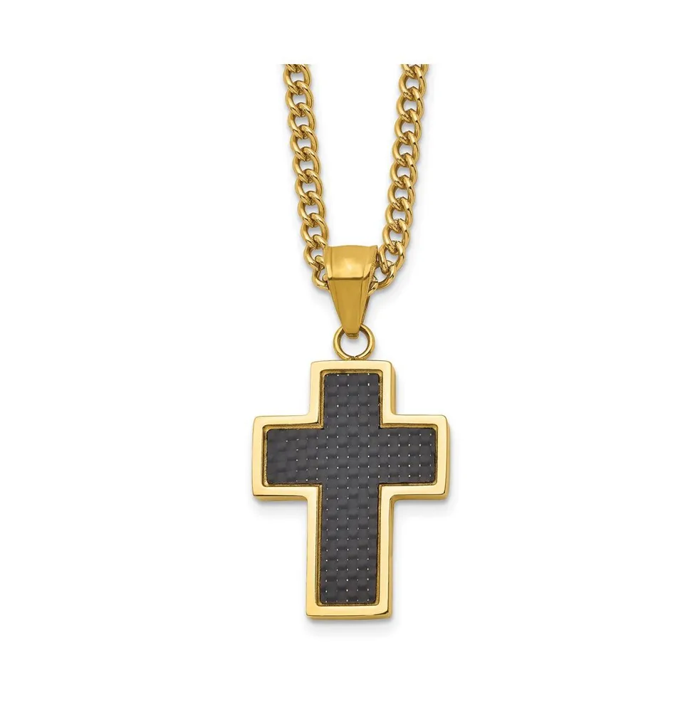 Chisel Carbon Fiber Inlay Cross Pendant Curb Chain Necklace