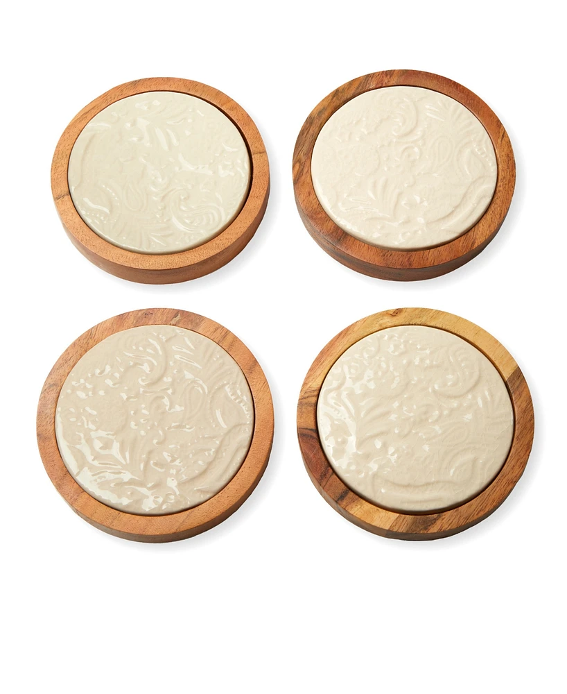 Godinger Acacia Wood Coasters with Floral Designs in Porcelain on Coasters, Set of 4