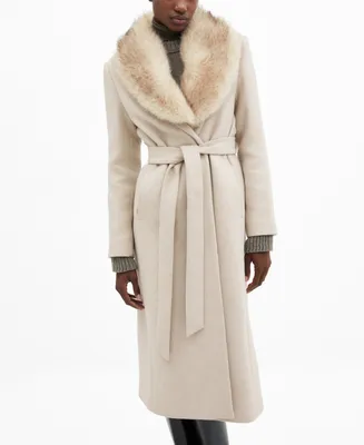 Mango Women's Faux Fur Collar Detachable Wool Coat