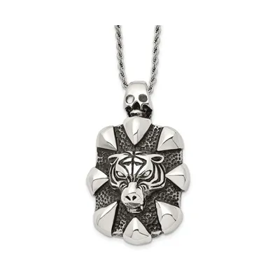 Chisel Antiqued Tiger and Skull Pendant Rope Chain Necklace