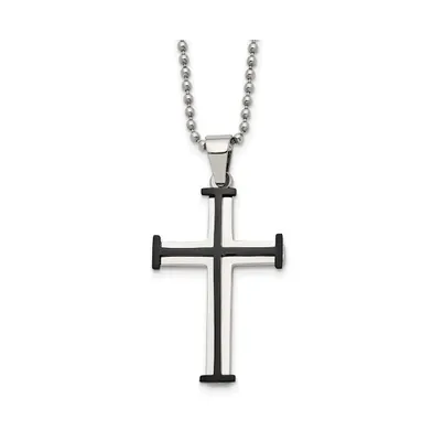 Chisel Polished Black Ip-plated Cross Pendant on a Ball Chain Necklace