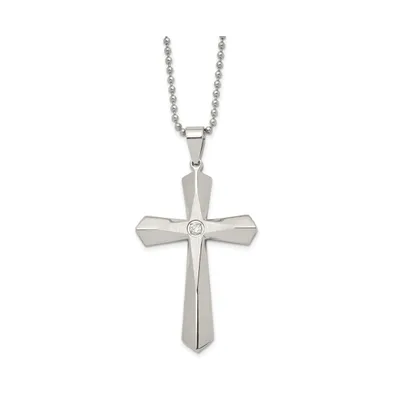 Chisel Brushed and Cz Cross Pendant Ball Chain Necklace