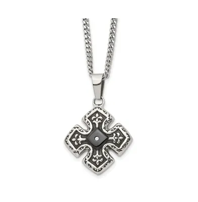Chisel Black Ip-plated Cz Celtic Cross Pendant Curb Chain Necklace