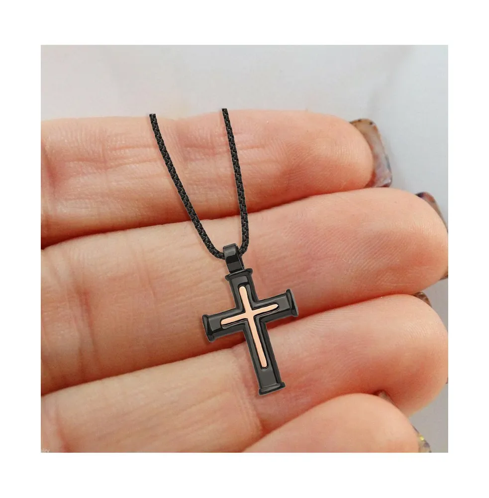 Chisel Black and Rose Ip-plated Cross Pendant Box Chain Necklace