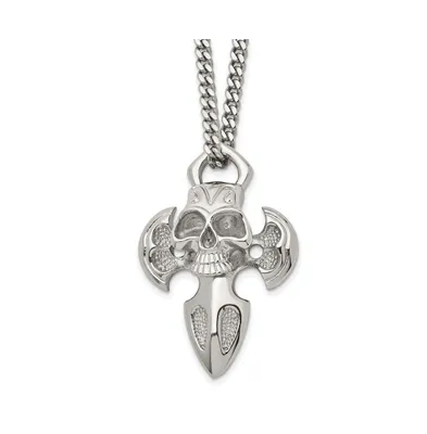 Chisel Polished Cross with Skull Pendant on a Curb Chain Necklace