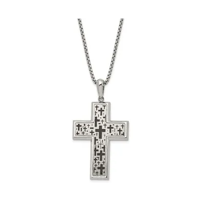 Chisel Brushed and Laser cut Black Ip-plated Cross Pendant Box Chain Necklace