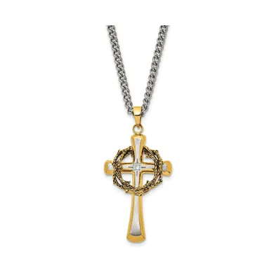 Chisel Brushed Yellow Ip-plated Cz Philippians 4:13 Cross Curb Chain Necklace