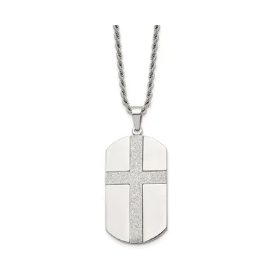 Chisel Polished Laser Cut Cross Dog Tag on a Rope Chain Necklace