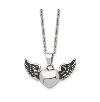 Chisel Antiqued Heart with Wings Pendant Cable Chain Necklace