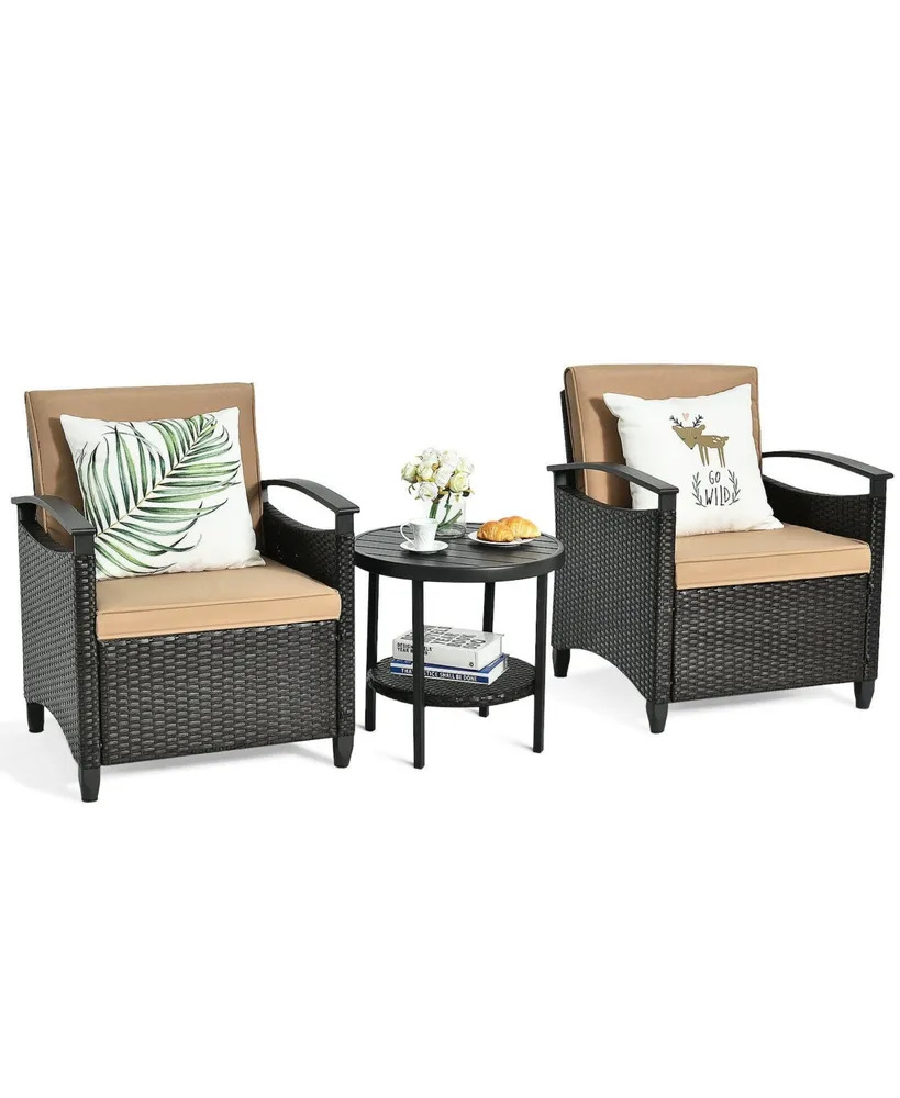 3 Pieces Patio Rattan Furniture Set Cushioned Sofa Storage Table with Shelf Garden