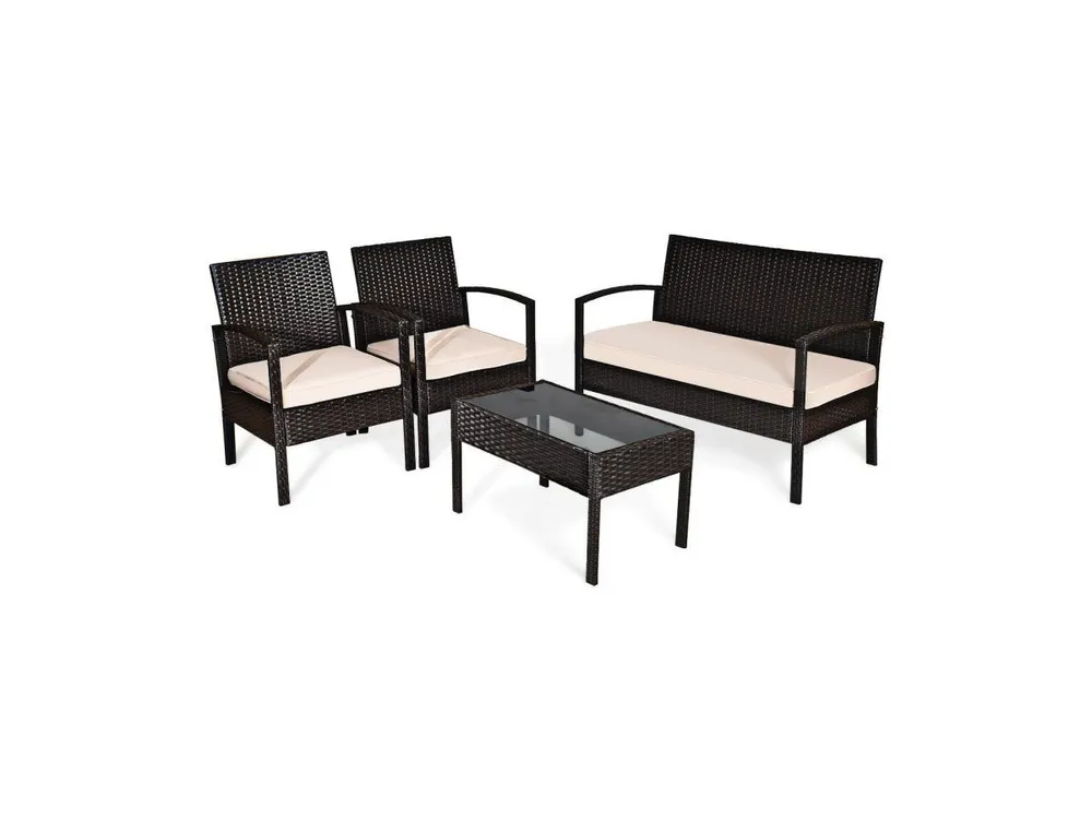 4 Pieces Patio Ratten Conversation Set with Loveseat Sofas and Coffee Table