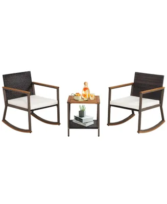 Slickblue 3 Pieces Rattan Rocking Bistro Set with Coffee Table and Cushions - Off