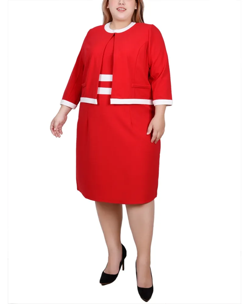 Ny Collection Plus Size Elbow Sleeve Colorblocked Dress, 2 Piece Set