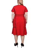 Ny Collection Plus Short Sleeve Piped Detail Dress