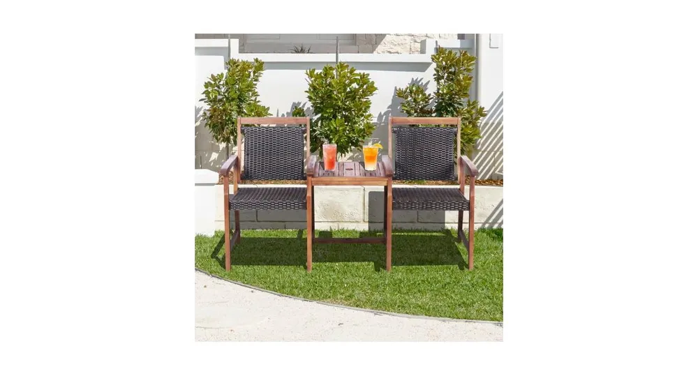 2-Seat Patio Rattan Acacia Wood Chair with Coffee Table