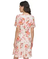 Dkny Women's Printed Flutter-Sleeve Tie-Waist Dress