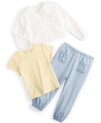 First Impressions Baby Girls Cardigan, T-Shirt and Chambray Pants, 3 Piece Set, Created for Macy's