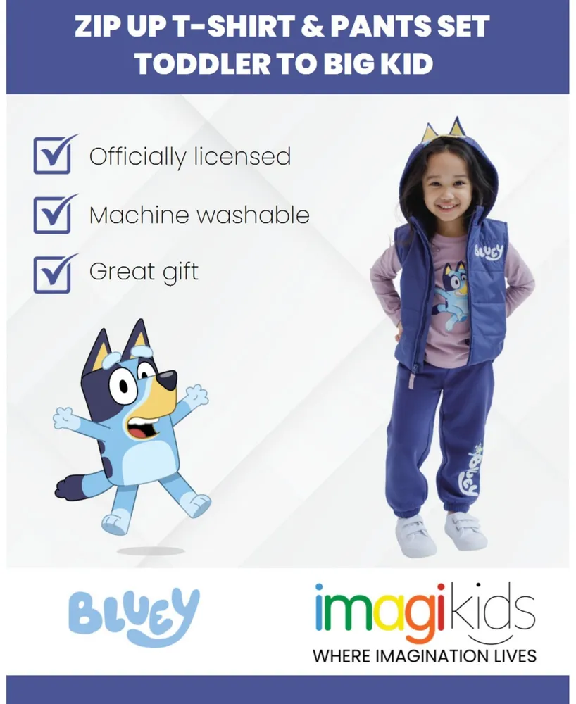 Bluey Girls Zip Up T-Shirt and Jogger Fleece Pants 3 Piece Toddler |Child