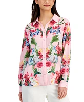 T Tahari Women's Collared Long-Sleeve Button-Down Floral Top