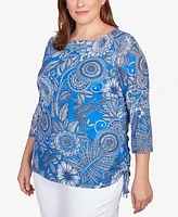 Ruby Rd. Plus Size Ballet Neck Hummingbird Garden Printed Mesh Top