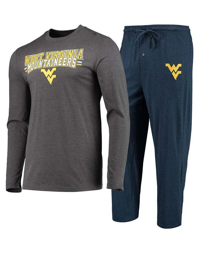 Men's Concepts Sport Navy, Heathered Charcoal Distressed West Virginia Mountaineers Meter Long Sleeve T-shirt and Pants Sleep Set