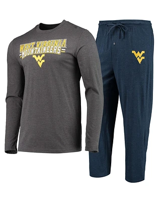 Men's Concepts Sport Navy, Heathered Charcoal Distressed West Virginia Mountaineers Meter Long Sleeve T-shirt and Pants Sleep Set