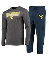 Men's Concepts Sport Navy, Heathered Charcoal Distressed West Virginia Mountaineers Meter Long Sleeve T-shirt and Pants Sleep Set