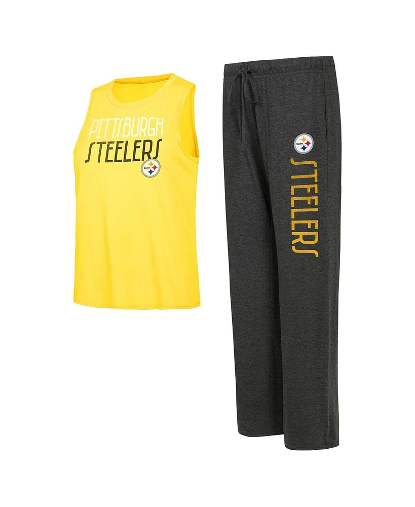 Women's Concepts Sport Black, Gold Distressed Pittsburgh Steelers Muscle Tank Top and Pants Lounge Set