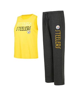 Women's Concepts Sport Black, Gold Distressed Pittsburgh Steelers Muscle Tank Top and Pants Lounge Set