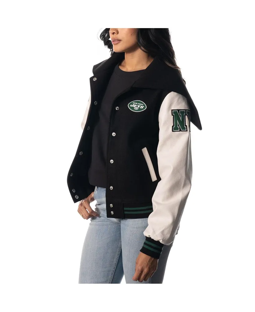 Women's The Wild Collective Black New York Jets Sailor Full-Snap Hooded Varsity Jacket