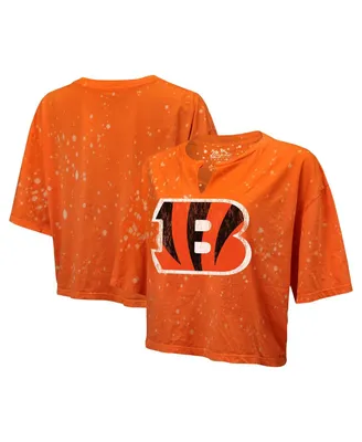 Women's Majestic Threads Orange Distressed Cincinnati Bengals Bleach Splatter Notch Neck Crop T-shirt