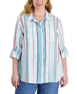 Charter Club Plus Striped Linen Button-Front Shirt, Created for Macy's