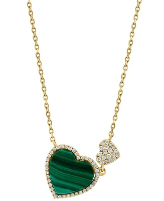 Effy Malachite & Diamond (1/5 ct. t.w.) Double Heart 18" Pendant Necklace in 14k Gold