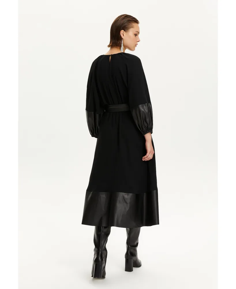 Women's Leather Trim Midi Dress