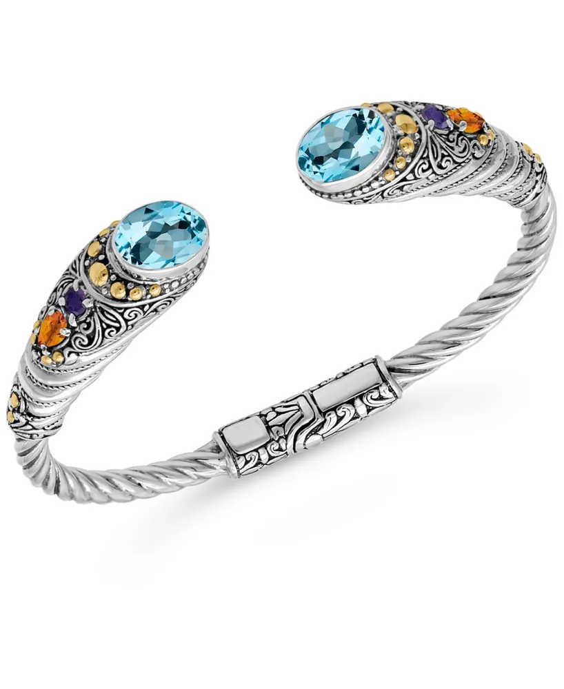 Blue Topaz, Amethyst, Citrine Bali Filigree Cuff Bracelet Sterling Silver and 18K Gold