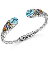 Blue Topaz, Amethyst, Citrine Bali Filigree Cuff Bracelet in Sterling Silver and 18K Gold