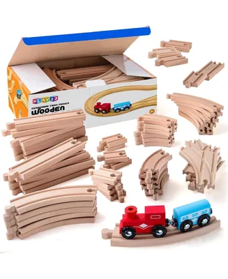 Wooden Train Tracks - 52 Pcs Wooden Train Set for Kids Plus 2 Bonus Toy Trains