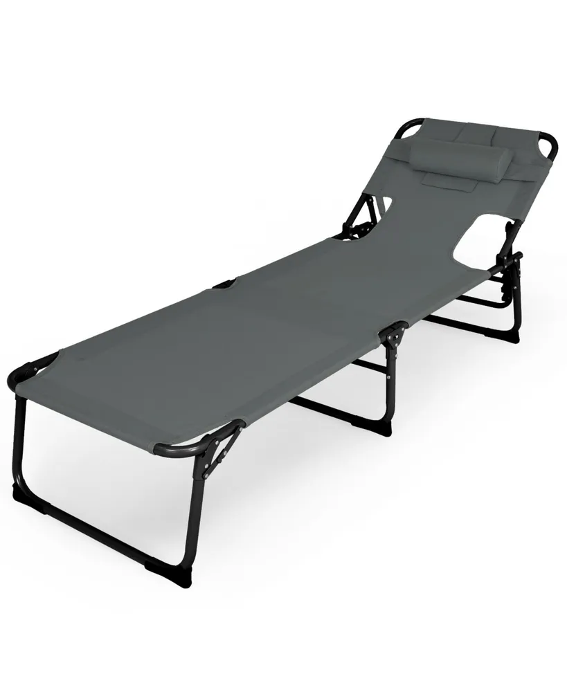 Folding Beach Grey Lounge Chair with Pillow for Outdoor