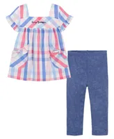 Tommy Hilfiger Little Girls Short Sleeve Plaid A-Line Tunic Top and Capri Jeggings, 2 Piece Set